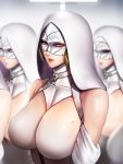  5girls badcompzero bare_shoulders blonde_hair breasts choker collarbone gradient highres hood hood_up mask mole mole_on_breast multiple_girls nun original parted_lips red_eyes red_lips signature turtleneck upper_body white_choker white_theme 