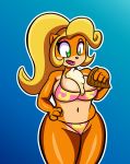  activision anthro bandicoot big_breasts bikini black_nose blonde_hair blue_background breasts cleavage clothed clothing coco_bandicoot crash_bandicoot_(series) dessert female food fur green_eyes hair hi_res ice_cream ice_cream_cone long_hair mammal marsupial orange_body orange_fur simple_background solo someth1ngoranother standing swimwear thick_thighs tongue tongue_out video_games wide_hips 