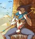  2020 4_fingers abs absurd_res ambient_bird anthro aroused athletic athletic_anthro athletic_male avian balls beak bird blue_clothing blue_topwear blurred_background bodily_fluids bottomless clothed clothing day deity digital_media_(artwork) egyptian egyptian_clothing egyptian_mythology erection exposed falcon falconid falcrus falcrus_(character) fan_axe feathers fierce fingers front_view frown genital_fluids genitals glans glowing glowing_eyes grey_beak grey_body grey_ears grey_feathers grey_skin heiroglyphs hi_res holding_object holding_polearm holding_weapon looking_aside male medial_ring melee_weapon middle_eastern_mythology multicolored_body multicolored_skin mythology outside penis peregrine_falcon pink_penis pinup polearm pose precum precum_string pyramid pyramids red_sclera sitting solo spread_legs spreading tapering_penis topwear two_tone_body two_tone_skin weapon white_balls white_body white_eyes white_skin 