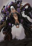  1girl absurdres ankle_cuffs barefoot blood blue_eyes chaos_(warhammer) clenched_teeth closed_eyes collar commentary_request crying crying_with_eyes_open cuffs dark_skin full_body highres long_hair mecha nude original restrained scar seal shackles solo tears teeth tube warhammer_40k westking white_hair wrist_cuffs 