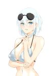  1girl azur_lane bikini bikini_top blue_eyes blush breasts choker cleavage collarbone crossed_arms eyebrows_visible_through_hair eyewear_on_head lom_(lom_lom_8) looking_at_viewer medium_breasts medium_hair navel open_mouth silver_hair solo swimsuit tirpitz_(azur_lane) tirpitz_(snow-melting_summer)_(azur_lane) truth white_background white_bikini 