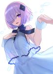  1girl bangs bare_shoulders breasts chorefuji commentary dress eyebrows_visible_through_hair eyelashes fate_(series) fingernails hair_ornament hair_over_one_eye hand_up holding_hands looking_to_the_side mash_kyrielight neck_ribbon open_mouth purple_eyes purple_hair ribbon short_hair smile tongue white_background wrist_cuffs 