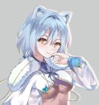  1girl animal_ear_fluff animal_ears bangs braid breasts capelet cat_ears character_request closed_mouth commentary_request fur_collar fur_trim grey_background hair_between_eyes hand_up highres iroha_(unyun) jewelry lavie_(pride_of_eden) long_sleeves looking_at_viewer medium_hair pride_of_eden see-through silver_hair simple_background smile solo tongue tongue_out underboob upper_body yellow_eyes 