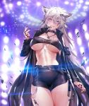  1girl animal_ears arknights azto_dio bangs belt black_jacket black_nails breasts cowboy_shot cross cross_necklace eyebrows_visible_through_hair grey_eyes hair_between_eyes hand_up headset highres jacket jewelry lappland_(arknights) long_hair long_sleeves looking_at_viewer midriff navel necklace nipples oripathy_lesion_(arknights) parted_lips pussy scar scar_across_eye sidelocks silver_hair smile solo stomach thighs wolf_ears 