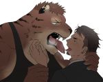  alternate_species anime anthro clothed clothing duo ear_piercing felid human interspecies kazumichi_irie kissing kyur4_th_ich male male/male mammal muscular muscular_anthro muscular_male oishi pantherine piercing shirt size_difference suit suit_jacket tank_top teeth tiger tongue topwear 