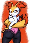  anthro big_butt braixen butt canid canine clothed clothing female fur hand_on_butt hi_res inner_ear_fluff looking_at_viewer looking_back mammal nintendo open_mouth panties partially_clothed pok&eacute;mon pok&eacute;mon_(species) rear_view red_eyes simple_background smile solo someth1ngoranother standing thick_thighs tongue topless tuft underwear video_games wide_hips yellow_body yellow_fur 