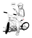  1girl 2020 bandaid bandaid_on_knee bicycle cellphone closed_mouth commentary earrings edpan english_commentary fingernails full_body_tattoo greyscale ground_vehicle holding holding_phone horns jewelry long_hair monochrome necklace nike oni oni_horns original phone pointy_ears riding_bicycle shirt shoes short_sleeves signature smartphone smile socks solo tattoo 