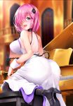  1girl ass ass_focus backless_dress backless_outfit bangs bare_back bare_shoulders blush breasts butt_crack collarbone dress evening_gown eyebrows_visible_through_hair fate/grand_order fate_(series) from_behind hair_between_eyes hair_ornament highres huge_ass impossible_clothes impossible_dress instrument kneepits large_breasts looking_at_viewer looking_back mash_kyrielight meme_attire open_mouth piano pink_hair purple_eyes ribbon sezoku short_hair shoulder_blades sideboob sidelocks simple_background sitting smile solo thighhighs virgin_killer_sweater 