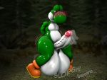  3d_(artwork) anthro balls big_balls big_penis blush bodily_fluids digital_media_(artwork) genital_fluids genitals green_yoshi hi_res huge_balls hyper hyper_balls hyper_genitalia male mario_bros nintendo penis precum solo source_filmmaker supeario video_games yoshi 