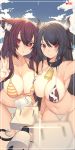  2girls animal_ears animal_print bangs bell bikini black_hair blush bottle breasts brown_eyes brown_hair cleavage cow_bell cow_ears cow_print highres horns konki_gakuin large_breasts long_hair milk milk_bottle multiple_girls rain_lan red_eyes smile striped striped_bikini swimsuit v viewfinder 