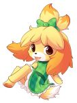  2020 3:4 accessory animal_crossing anthro blonde_hair blush blush_stickers canid canine canis clothed clothing dipstick_tail domestic_dog dress female green_clothing hair hair_accessory hair_bow hair_ribbon hi_res isabelle_(animal_crossing) looking_at_viewer mammal multicolored_tail nintendo open_mouth open_smile pawpads ribbons shih_tzu signature simple_background smile solo symbianl toy_dog video_games white_background 