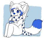  amber_puppy ambiguous_gender anthro beverage blue_eyes blue_nose canid canine canis fur hair hi_res hot_chocolate mammal nude ponytail scarf shortcake0 solo white_body white_fur white_hair wolf young 