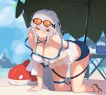  1girl all_fours arknights bangs bare_shoulders blue_shorts breasts ce-_-3 cleavage closed_mouth eyewear_on_head hair_between_eyes large_breasts long_hair red_eyes sandals short_shorts shorts silver_hair skadi_(arknights) solo sunglasses thigh_strap 