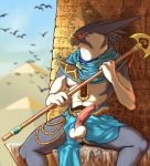  2020 4_fingers abs ambient_bird anthro athletic athletic_anthro athletic_male avian balls beak bird blue_bottomwear blue_clothing blue_topwear blurred_background bottomwear clothing day deity digital_media_(artwork) egyptian egyptian_clothing egyptian_mythology erection exposed falcon falconid falcrus falcrus_(character) fan_axe feathers fierce fingers front_view frown genitals glans glowing glowing_eyes grey_beak grey_body grey_ears grey_feathers grey_skin heiroglyphs hi_res holding_object holding_polearm holding_weapon looking_aside male medial_ring melee_weapon middle_eastern_mythology multicolored_body multicolored_skin mythology no_underwear outside penis peregrine_falcon pink_penis pinup polearm pose pyramid pyramids red_sclera sitting solo spread_legs spreading tapering_penis topwear tunic two_tone_body two_tone_skin weapon white_balls white_body white_eyes white_skin 