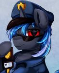  2020 badge chest_tuft clothing equid equine eyewear fan_character hasbro hi_res holding_object looking_at_viewer male mammal my_little_pony police_hat police_officer police_uniform pridark red_eyes solo sunglasses tuft uniform 