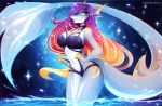 2020 absurd_res anthro breasts clothed clothing digital_media_(artwork) eyebrows eyelashes female fish hair hi_res koveliana marine midriff navel non-mammal_breasts partially_submerged purple_hair shark smile solo standing 