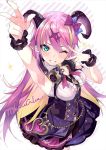  1girl ;) arm_up armpits asymmetrical_horns bare_shoulders blonde_hair blush breasts demon_horns eyebrows_visible_through_hair green_eyes hair_between_eyes hair_ornament headphones headphones_around_neck hololive horns long_hair looking_at_viewer mano_aloe multicolored_hair one_eye_closed pink_hair pointy_ears shirokitsune smile two-tone_hair virtual_youtuber w wrist_cuffs 