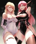  2girls :d absurdres arm_behind_head arm_up armpits azur_lane bangs bare_shoulders black_legwear black_leotard black_sleeves blonde_hair blue_eyes blush breasts cleavage collarbone commentary_request covered_navel cowboy_shot criss-cross_halter detached_sleeves duke_of_york_(azur_lane) duke_of_york_(prestige_of_the_glorious_formula)_(azur_lane) eyebrows_visible_through_hair gloves hair_between_eyes hair_ornament hairclip halterneck highleg highleg_leotard highres large_breasts leotard long_hair looking_at_viewer multiple_girls open_mouth parted_bangs parted_lips pink_hair prince_of_wales_(azur_lane) prince_of_wales_(the_laureate&#039;s_victory_lap)_(azur_lane) race_queen red_eyes revision sidelocks skindentation sleeveless smile standing sweat swept_bangs tanpaku-chan thighhighs upper_teeth white_gloves white_legwear white_leotard 