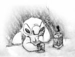  2010 4_fingers alcohol alien beverage chest_tuft cigarette claws counter dcpip disney ears_down experiment_(lilo_and_stitch) fingers fur graphite_(artwork) greyscale head_tuft jack_daniel&#039;s lilo_and_stitch monochrome notched_ear pencil_(artwork) pivoted_ears solo stitch_(lilo_and_stitch) traditional_media_(artwork) tuft 