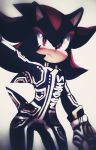  anthro black_body black_fur black_nose clothed clothing countershading curvy_figure digital_media_(artwork) eulipotyphlan frown fully_clothed fur girly hedgehog hi_res jumpsuit male mammal psychotiicx racing_suit red_body red_eyes red_fur shadow_the_hedgehog simple_background solo solo_focus sonic_adventure sonic_the_hedgehog_(series) suit tan_body tan_countershading tan_skin wide_hips 