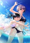  2girls absurdres ahoge aqua_eyes arm_up armpits asakura_tooru ass_visible_through_thighs bangs bikini bird black_bikini black_hair black_ribbon blue_bow blue_hair bow breasts character_request cleavage cloud commentary_request day earrings eyebrows_visible_through_hair frilled_bikini frills hair_bow heart heart_necklace highres hug hug_from_behind idolmaster idolmaster_shiny_colors jewelry lens_flare light_rays medium_breasts multicolored_hair multiple_girls navel outdoors outstretched_arms parted_bangs pink_bikini puriketsu_corgy purple_hair ribbon short_hair side-tie_bikini side_ponytail splashing stomach sunbeam sunlight swimsuit thighs two-tone_hair wading water 