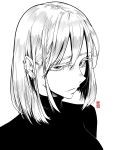  1girl bob_cut closed_mouth commentary earrings edpan english_commentary eyelashes hair_behind_ear highres jewelry looking_at_viewer original signature simple_background solo sweater turtleneck turtleneck_sweater upper_body white_background 