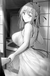  1boy 1girl ass back bangs bare_shoulders bed blush breasts closed_mouth commentary_request doorway dress eyebrows_visible_through_hair gentsuki greyscale hair_pulled_back hair_ribbon highres holding_another&#039;s_arm large_breasts looking_at_viewer medium_hair monochrome original out_of_frame panties ribbon see-through shouji sidelocks sliding_doors smile thighs thong underwear white_dress white_panties 
