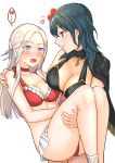  2girls ass bangs bare_legs bare_shoulders bikini black_bikini black_cape blue_eyes blue_hair blush breasts byleth_(fire_emblem) byleth_(fire_emblem)_(female) cape carrying cleavage closed_mouth collarbone edelgard_von_hresvelg feet_out_of_frame fire_emblem fire_emblem:_three_houses flower forehead frilled_bikini frills fukuroumori hair_flower hair_ornament hair_ribbon heart hibiscus highres large_breasts long_hair medium_breasts multiple_girls nose_blush open_mouth parted_bangs princess_carry profile purple_eyes purple_ribbon red_bikini red_flower ribbon silver_hair simple_background smile swimsuit tassel white_background yuri 