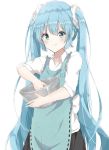  1girl :p apron aqua_apron black_skirt cooking cowboy_shot frilled_apron frills hair_ornament hair_scrunchie hatsune_miku long_hair mixing mixing_bowl mk2_mirara pleated_skirt scrunchie shirt short_sleeves skirt smile solo tongue tongue_out twintails v-shaped_eyebrows very_long_hair vocaloid white_shirt 