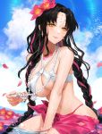  1girl bangs bare_shoulders bikini black_hair blue_sky blush bracelet braid breasts chest_tattoo cleavage closed_mouth collarbone earrings facial_mark fate/grand_order fate_(series) flower forehead_mark forehead_tattoo hair_flower hair_ornament highres jewelry large_breasts long_hair looking_at_viewer multicolored_hair navel necklace nima_(niru54) parted_bangs pearl_bracelet pearl_necklace pink_hair sarong sesshouin_kiara sesshouin_kiara_(swimsuit) sky smile streaked_hair swimsuit tattoo thighs twin_braids wavy_hair white_bikini 