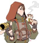  1girl blowing_smoke blush brown_eyes brown_hair commentary dual_wielding edpan english_commentary finger_on_trigger green_jacket gun highres holding holding_gun holding_weapon hood hood_up jacket looking_at_viewer original pouch profile signature simple_background smoke solo trigger_discipline upper_body weapon white_background 