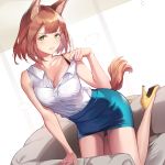  1girl animal_ears armchair bangs bare_shoulders black_bra blue_skirt bra bra_strap breasts brown_hair chair cleavage collared_shirt devildogs dog_ears green_eyes high_heels highres kneeling large_breasts looking_at_viewer miniskirt office_lady open_clothes open_shirt original parted_lips pencil_skirt shirt shirt_pull shoes short_hair skirt sleeveless sleeveless_shirt solo thighs unbuttoned unbuttoned_shirt underwear undressing white_shirt yellow_footwear 