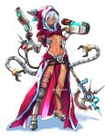  1girl adeptus_mechanicus asymmetrical_clothes breasts english_commentary expressionless extra_arms full_body gun handgun highres hood hood_up looking_at_viewer mechanical_arm navel prosthesis prosthetic_arm purple_eyes shiny shiny_skin small_breasts solo sydus tube warhammer_40k weapon white_background white_hair 