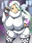  1girl ;q breasts fingernails fur_hat fur_trim gloves hat highres huge_breasts leggings melon_(pokemon) musashino_sekai nail_polish one_eye_closed plump poke_ball pokemon pokemon_(game) pokemon_swsh shorts single_glove tongue tongue_out translated ushanka white_earrings white_hair 