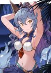  1girl animal_ears armpits arms_behind_head arms_up bare_shoulders blue_hair blue_skirt breasts cleavage closed_mouth erune expressionless ferry_(granblue_fantasy) gold_trim granblue_fantasy hinami_(hinatamizu) long_hair looking_at_viewer medium_breasts miniskirt navel ponytail skirt solo stomach two-tone_bikini upper_body yellow_eyes 