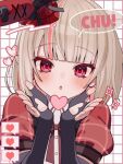  1girl amano35697 black_bow black_gloves black_sleeve_cuffs blowing_kiss blunt_bangs blush bob_cut bow clothing_cutout colored_inner_hair dress elbow_gloves fingerless_gloves glove_cutout gloves grey_hair grid_background hands_up hat hat_bow heart heart_cutout idol_clothes looking_at_viewer makaino_ririmu medium_hair mini_hat multicolored_hair nijisanji official_alternate_costume official_alternate_hairstyle parted_lips pink_hair plaid_clothes plaid_dress plaid_sleeves pointy_ears portrait puffy_short_sleeves puffy_sleeves rabbit_ear_headwear red_dress red_eyes red_sleeves short_sleeves solo speech_bubble streaked_hair virtual_youtuber white_background 