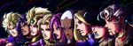  6+boys absurdres acca_howler araki_hirohiko_(style) battle_tendency beard black_eyes black_necktie blonde_hair blue_eyes blue_lips brown_shirt buzz_cut closed_mouth coat collared_shirt colored_eyelashes dark-skinned_male dark_skin diamond_wa_kudakenai diavolo dio_brando earrings english_commentary enrico_pucci facial_hair fangs frown funny_valentine green_eyes green_headband green_shirt grey_hair grin group_picture headband highres horns in-franchise_crossover jacket jewelry jojo_no_kimyou_na_bouken jojolion kars_(jojo) kira_yoshikage long_hair makeup male_focus messy_hair multiple_boys necklace necktie noonvincent parted_lips phantom_blood pink_coat pink_hair ponytail purple_eyes purple_hair purple_jacket purple_lips purple_scarf purple_shirt red_shirt scarf serious shirt short_hair sky smile star_(sky) stardust_crusaders starry_sky steel_ball_run stone_ocean striped_clothes striped_shirt teeth the_jojolands time_paradox tooru_(jojolion) vampire vento_aureo very_short_hair white_eyelashes white_hair yellow_eyes 