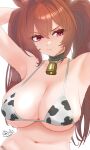  1girl absurdres alternate_costume animal_ears animal_print armpits arms_up bell bikini blush breasts brown_hair cleavage closed_mouth commentary_request cow_print cow_print_bikini cowbell daiwa_scarlet_(umamusume) fang hair_intakes highres horse_ears horse_girl indonesian_commentary large_breasts long_hair looking_at_viewer navel neck_bell print_bikini red_eyes reila_nii signature simple_background skin_fang skindentation solo stomach sweat swimsuit umamusume upper_body very_long_hair white_background 