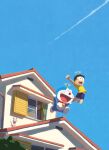 2boys absurdres bell black_hair blue_sky cat contrail doraemon doraemon_(character) flying glasses highres house hyogonosuke jingle_bell jumping multiple_boys neck_bell nobi_nobita open_mouth outdoors outstretched_arm outstretched_arms robot round_eyewear shirt shorts sky smile takecopter whiskers wide_shot window yellow_shirt 