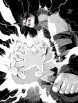  1boy absurdres black_background black_hair chidori_(naruto) detached_sleeves electricity electrokinesis fingernails forehead_protector glowing glowing_hand greyscale headband highres holding holding_own_arm konohagakure_symbol male_focus manabu_yashiro monochrome naruto_(classic) naruto_(series) ninja open_mouth red_eyes sandals sharingan short_hair signature solo spiked_hair toes uchiha_sasuke 