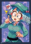  !? 1girl :o belt bespectacled black_belt blue_eyes blue_hair blue_shirt blue_skirt bolt_(hardware) border carte commentary_request crossed_bangs double-parted_bangs eyeshadow glasses green_border green_hat hair_between_eyes hair_bobbles hair_ornament halftone hat highres holding jewelry kawashiro_nitori key key_necklace lightning_background long_shirt looking_down makeup messy_hair necklace open_mouth orange_eyeshadow pince-nez purple_background shirt short_hair signature skirt solo speech_bubble spoken_interrobang sweatdrop touhou two_side_up upper_body 