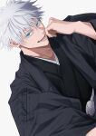  1boy alternate_costume aqua_eyes black_kimono colored_eyelashes english_text gojou_satoru grey_hair hair_between_eyes hand_up highres japanese_clothes jujutsu_kaisen kimono looking_at_viewer male_focus mi_hotta open_mouth short_hair simple_background smile solo spiked_hair upper_body watermark white_background 