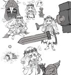  1girl 2boys barefoot braid chewing covered_mouth doll_joints dual_wielding elden_ring elden_ring_nightreign flower_wreath gloves greyscale hammer head_wreath helmet highres holding holding_hammer holding_sword holding_weapon hood hood_up huge_weapon image_in_speech_bubble ironeye_(elden_ring) jewelry jitome joints long_hair low_twin_braids lying mask mechapen monochrome mouth_mask multiple_boys necklace on_stomach pointing revenant_(elden_ring) robe simple_background speech_bubble squatting statue sword twin_braids veil weapon winged_helmet wylder_(elden_ring) 