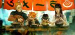  1girl 2boys :d ahoge ben_lo black_hair blunt_bangs blurry blurry_background bowl character_request chopsticks closed_eyes food food_stand highres holding holding_chopsticks jacket jewelry long_hair multicolored_jacket multiple_boys naruto_(series) necklace noodles orange_hair playing_with_food purple_vest ramen ramen_stand rolling_eyes shirt sidelocks sign smile softboiled_egg spiked_hair spoon steaming_food table translation_request two-tone_jacket upper_body vest white_shirt wooden_table 