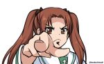 1girl bow brown_eyes brown_hair cross girls_und_panzer hair_bow hair_ribbon hokuto_no_ken kadotani_anzu konbuchimaki long_hair long_sleeves looking_at_viewer ooarai_school_uniform pointing pointing_at_viewer ribbon sailor_collar scene_reference school_uniform serious shirt simple_background solo standing twintails twitter_username white_background white_sailor_collar 