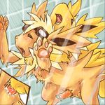  anal bathing black_eyes cum duo eevee eeveelution feral gay half-erect jolteon male nintendo penis pok&#233;mon pokemon purplekecleon shower video_games 