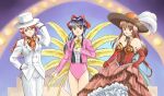  3girls black_hair black_ribbon black_shirt blue_eyes breasts brown_eyes brown_hair cleavage dress elbow_gloves erica_fontaine feathers flower freckles gemini_sunrise gloves hair_ribbon hand_on_own_hip hat hat_feather hat_flower hat_tip holding kanakoz leotard long_hair looking_at_viewer low-tied_long_hair multiple_girls official_alternate_costume open_mouth orange_ribbon pants picture_hat pink_suit ponytail red_dress red_gloves red_hair red_ribbon red_skirt ribbon sakura_taisen sakura_taisen_iii sakura_taisen_v shinguuji_sakura shirt sidelocks skirt smile suit white_gloves white_hat white_pants white_suit yellow_feathers yellow_ribbon 