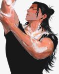  1boy black_hair black_shirt commentary getou_suguru hair_bun highres jujutsu_kaisen lips long_hair male_focus nose ogata69 photo-referenced plug_(piercing) shirt simple_background soap_bubbles solo symbol-only_commentary upper_body white_background 