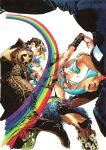  1girl 2000s_(style) 2boys absurdres araki_hirohiko belt black_hair black_robe blue_hair blue_lips braid brown_coat brown_eyes brown_hat brown_lips brown_pants buzz_cut cassock coat crop_top dark-skinned_male dark_skin double_bun enrico_pucci facial_hair father_and_daughter green_belt green_pants hair_bun hat high_collar highres jojo_no_kimyou_na_bouken kujo_jolyne kujo_jotaro long_coat makeup midriff multicolored_hair multiple_boys official_art pants peaked_cap rainbow robe short_hair star_(symbol) star_print stone_ocean teeth traditional_media two-tone_hair upside-down very_short_hair white_background 