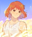  1girl arms_at_sides artist_name bare_shoulders blue_background breasts brown_eyes brown_hair character_name closed_mouth collarbone commentary_request earrings facing_viewer floating_hair glint glowing gradient_background highres honoboooono jewelry kaze_no_tani_no_nausicaa light_particles light_smile looking_afar nausicaa purple_background see-through_clothes short_hair simple_background small_breasts solo tank_top tareme upper_body white_tank_top 